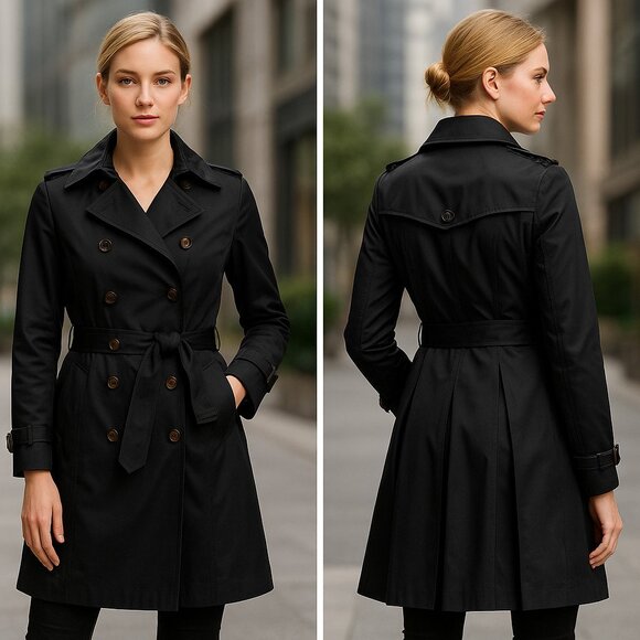 Dawn Levy Black Trench Coat S Removable Quilted Liner Belted Double Double Breas - Picture 1 of 16